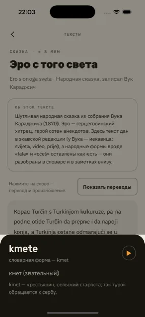 Нажатие на слово открывает карточку: форма, словарная форма, перевод